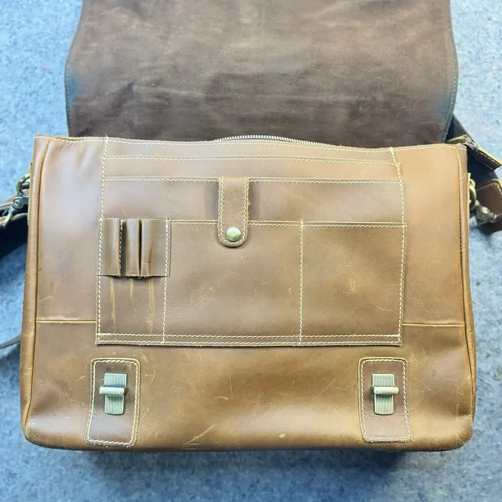 Vintage Brown Leather Messenger Laptop Briefcase Satchel Crossbody Work Bag 16”
